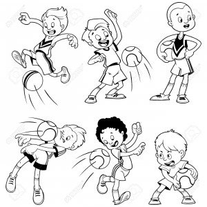 Cartoon kids playing dodgeball. Vector clip art illustration. Outline on a white background.